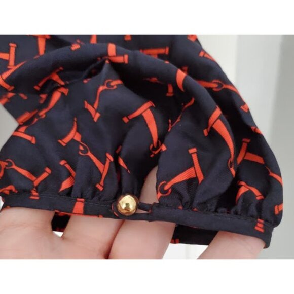 Elizabeth McKay Silk Ruffle Blouse Navy/Red Equestrian Chic T-Bar Print Top Sz 6 - Picture 8 of 13